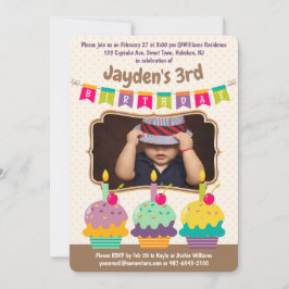 Gelukkige Verjaardag Drie Cupcakes Bunting Foto Kaart