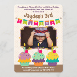 Gelukkige Verjaardag Drie Cupcakes Bunting Foto Kaart