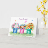 Gelukkige verjaardag, drie honden in drie bloempot kaart (Gele Bloem)