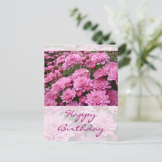 Gelukkige Verjaardag - Een Zee van Roze Chrysanten Briefkaart (Staand voorkant)