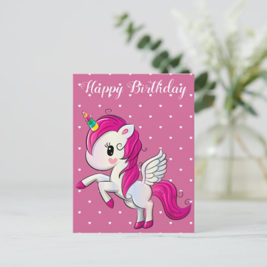 Gelukkige verjaardag, eenhoorn en harten, gewoonte briefkaart (Staand voorkant)
