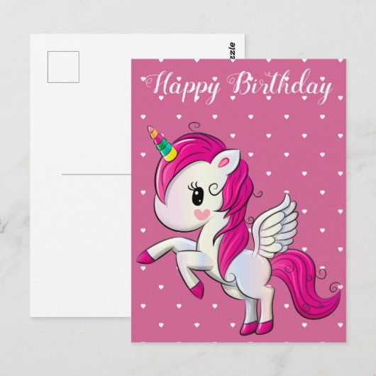 Gelukkige verjaardag, eenhoorn en harten, gewoonte briefkaart (Voorkant / Achterkant)
