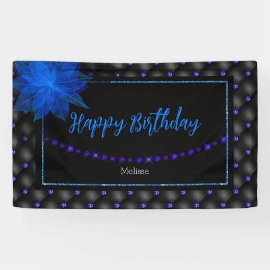 Gelukkige Verjaardag Elegante Blauwe en Zwarte Ban Spandoek (Horizontaal)