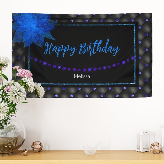 Gelukkige Verjaardag Elegante Blauwe en Zwarte Ban Spandoek