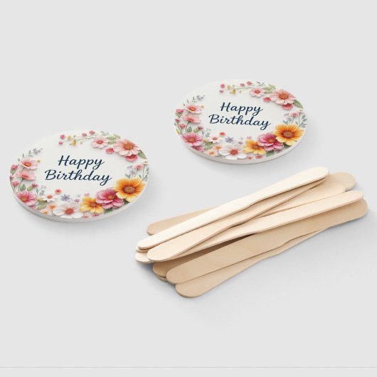 Gelukkige Verjaardag Elegante Bloemenkrans Handwaaier (Niet-gemonteerd)