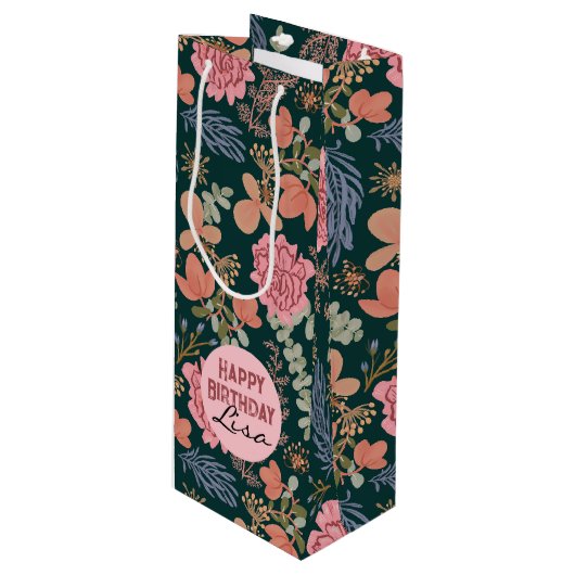 Gelukkige Verjaardag elegante bloemenrosé wijn Wijn Cadeautas (Voorkant Gekanteld)