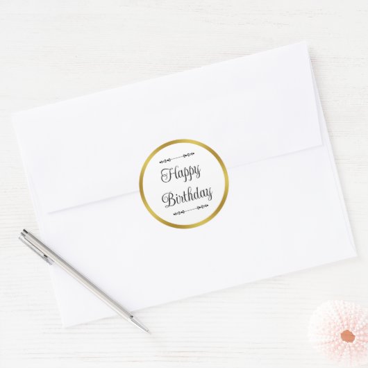 Gelukkige Verjaardag Elegante Witte en Gouden Gren Ronde Sticker (Envelop)