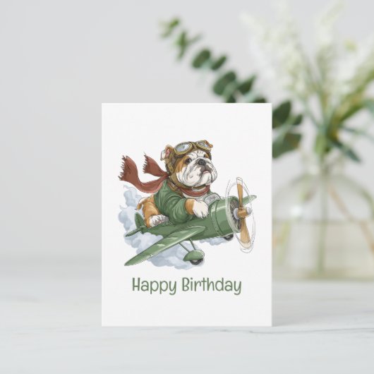 Gelukkige verjaardag Engelse Bulldog Piloot Vliegt Briefkaart (Staand voorkant)