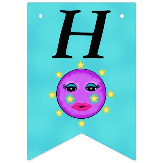 Gelukkige Verjaardag Fantasy Paarse Maan Gele Ster Vlaggetjes (Eerste vlag)