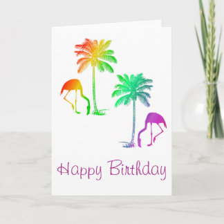 Gelukkige Verjaardag Flamingo's Palmboom Regenboog Kaart