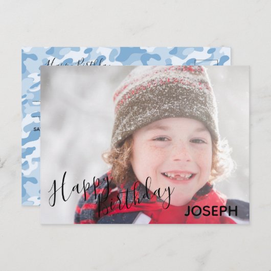 Gelukkige Verjaardag Foto Blue Camo - Verjaardag B Uitnodiging Briefkaart (Voorkant / Achterkant)