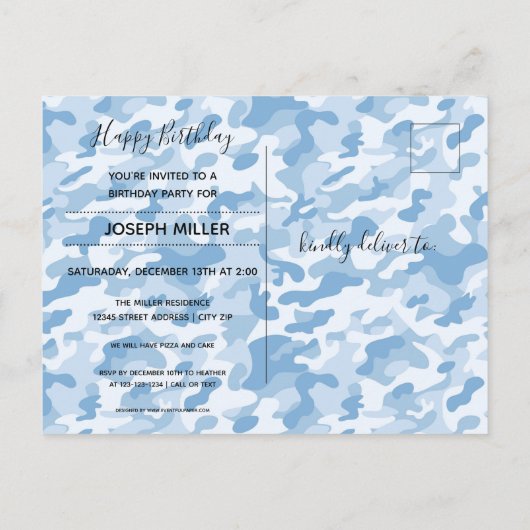 Gelukkige Verjaardag Foto Blue Camo - Verjaardag B Uitnodiging Briefkaart (Achterkant)