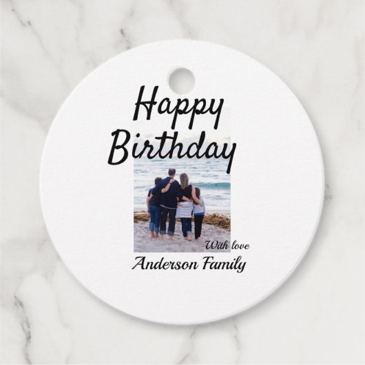 Gelukkige verjaardag foto familienaam elegante kla bedankjes labels (Voorkant)