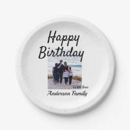 Gelukkige verjaardag foto familienaam elegante kla papieren bordje