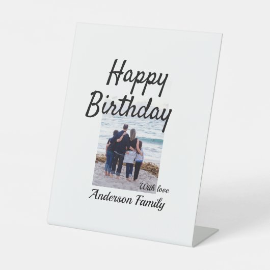 Gelukkige verjaardag foto familienaam elegante kla reclamebord met voetstuk (Voorkant)