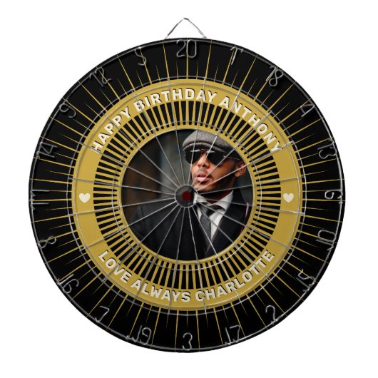 Gelukkige Verjaardag Foto Goud Zwart Modern Custom Dartbord (Voorkant)