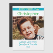 Gelukkige Verjaardag foto naam blauwe magnetische  Magnetische Uitnodiging (Voorkant / Achterkant)