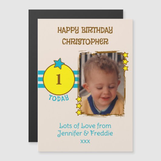 Gelukkige Verjaardag foto naam leeftijd blauwe mag Magnetische Uitnodiging (Voorkant / Achterkant)