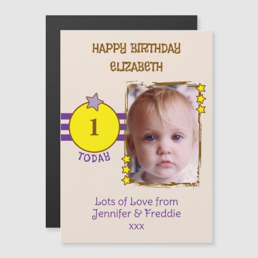 Gelukkige Verjaardag foto naam leeftijd paarse mag Magnetische Uitnodiging (Voorkant / Achterkant)