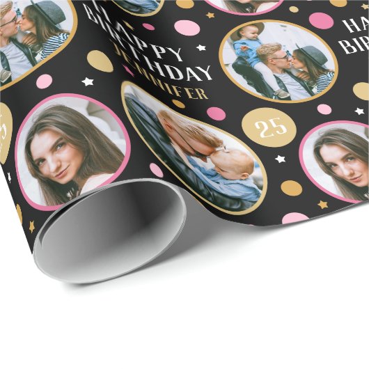 Gelukkige Verjaardag Fotocollage Elke Leeftijd Roz Cadeaupapier (Rol Hoek)