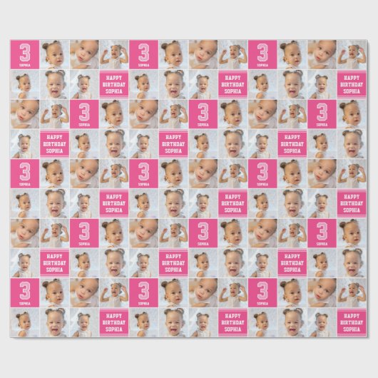 Gelukkige Verjaardag Fotocollage Elke Leeftijd Roz Cadeaupapier (Vlak)