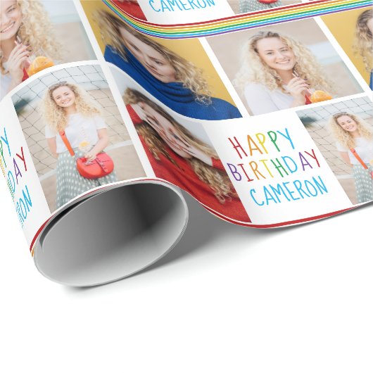 Gelukkige Verjaardag Fotocollage Mooie Regenboog Cadeaupapier (Rol Hoek)