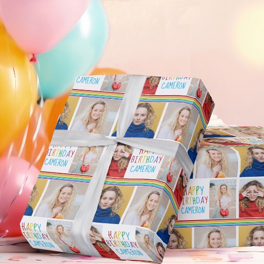 Gelukkige Verjaardag Fotocollage Mooie Regenboog Cadeaupapier
