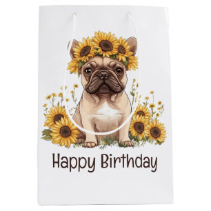 Gelukkige Verjaardag Franse Bulldog Zonnebloemen Medium Cadeauzakje