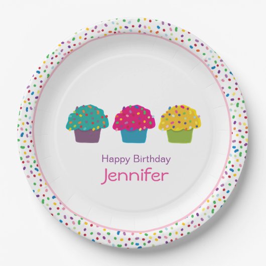 Gelukkige Verjaardag Frosted Cupcake Rainbow Sprin Papieren Bordje (Voorkant)