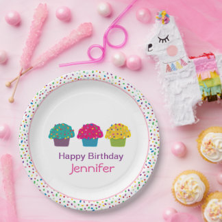 Gelukkige Verjaardag Geglazuurde Cupcake Regenboog Papieren Bordje