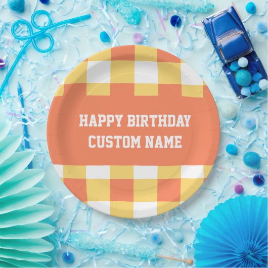 Gelukkige verjaardag gele gingham papieren bordje (Feest)