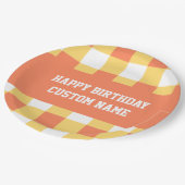 Gelukkige verjaardag gele gingham papieren bordje (Gekanteld)