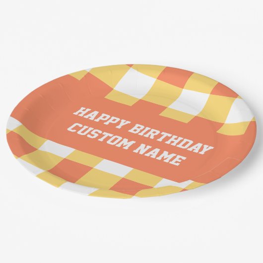 Gelukkige verjaardag gele gingham papieren bordje (Gekanteld)