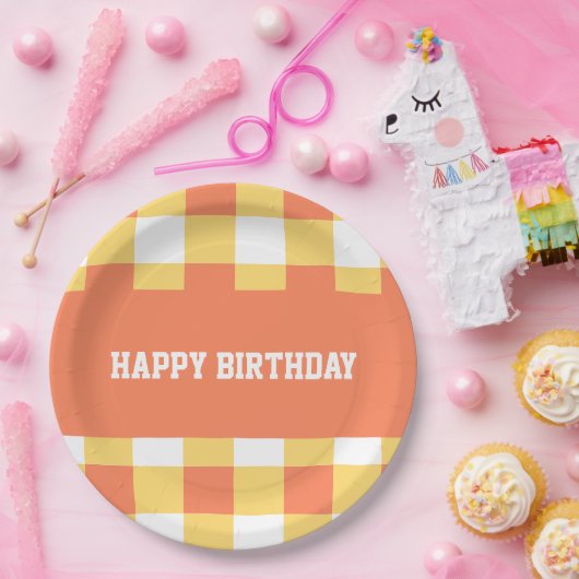 Gelukkige verjaardag gele gingham papieren bordje (Feest)