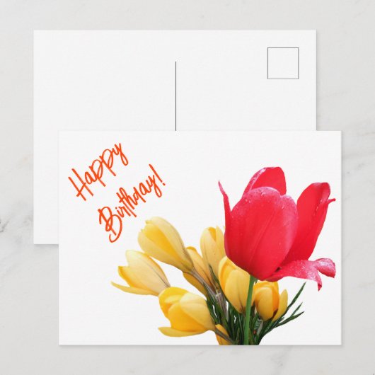 Gelukkige Verjaardag gele krokus rode tulp bloemen Feestdagenkaart (Voorkant / Achterkant)