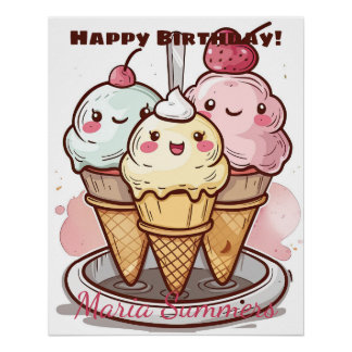 Gelukkige verjaardag Gerolde ijs Kawaii Cartoon Perfect Poster