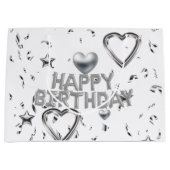 Gelukkige Verjaardag Gift Bag Zilveren Harten Groot Cadeauzakje (Voorkant)