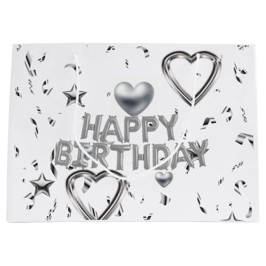 Gelukkige Verjaardag Gift Bag Zilveren Harten Groot Cadeauzakje (Voorkant)