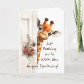 Gelukkige verjaardag Giraffe gluren rond de deur Kaart (Voorkant)