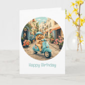 Gelukkige Verjaardag Goldendoodle Hond Riding Scoo Kaart (Gele Bloem)