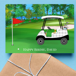 Gelukkige verjaardag golf met kar, bier, hotdog kaart