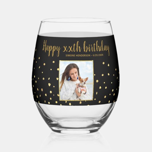 Gelukkige Verjaardag Gouden Glitter Foto Elk Jaar  Wijnglas Zonder Voet (Voorkant)