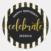Gelukkige Verjaardag Gouden Glitter Script Zwart W Ronde Sticker (Voorkant)