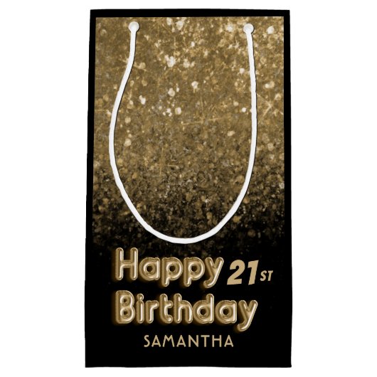 Gelukkige Verjaardag Gouden Glitter & Zwarte Spark Klein Cadeauzakje (Voorkant)