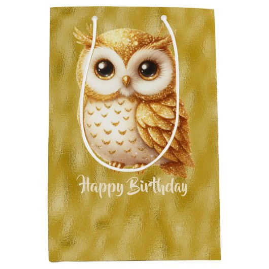Gelukkige Verjaardag Gouden Kleur Uil op Goud Medium Cadeauzakje (Voorkant)