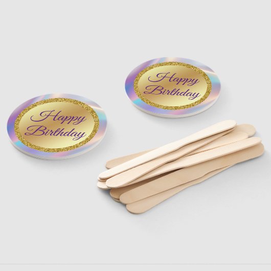 Gelukkige Verjaardag, Gouden paarse Holografische  Handwaaier (Niet-gemonteerd)