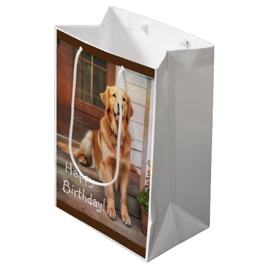 Gelukkige Verjaardag Gouden Retriever Gift Bag Medium Cadeauzakje (Voorkant Gekanteld)