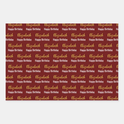 Gelukkige Verjaardag Gouden Script Naam Donkerrood Inpakpapier Vel (Voorkant)