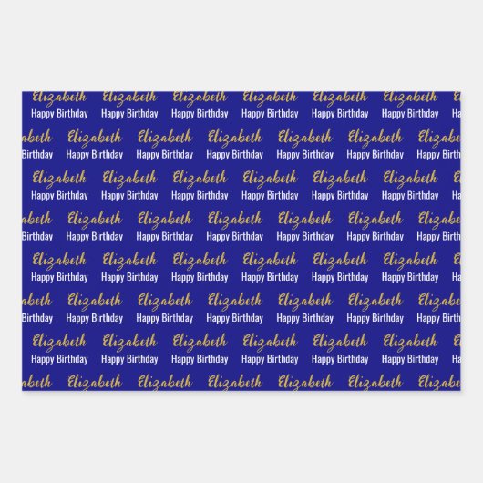 Gelukkige Verjaardag Gouden Script Naam Marine Bla Inpakpapier Vel (Voorkant)