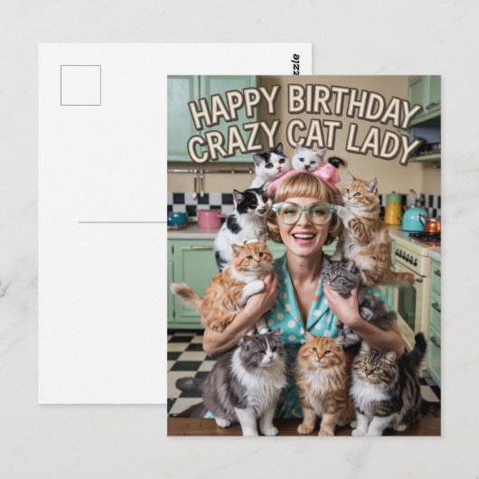 Gelukkige Verjaardag grappige retro Crazy Cat Lady Briefkaart (Voorkant / Achterkant)